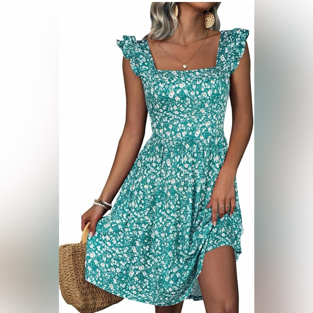 Loemes Green White Floral Casual Beach Summer Dress - Womens Small EUC
